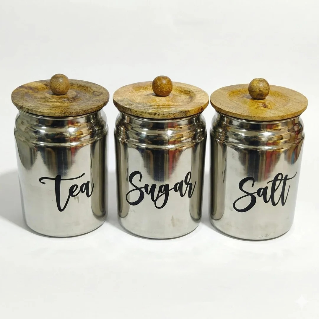 Metal Kitchen Storage Canisters Set of 3, Gold Finish with Wooden Lids, Tea Sugar Salt Labels (SILVER) image 1