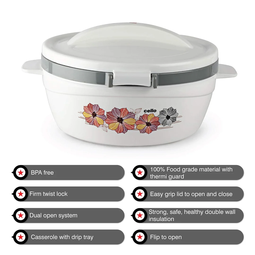 Cello Roti Plus 2500 ml Insulated Thermoware Plastic Casserole Hot Pot White | 2.5 L Food Warmer | Double-Wall Meal Server Hot Pot | Kitchen Food Insulation image 3