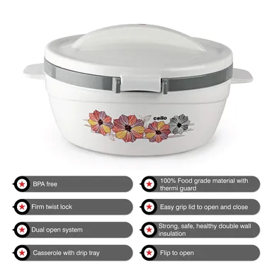 Cello Roti Plus 2500 ml Insulated Thermoware Plastic Casserole Hot Pot White | 2.5 L Food Warmer | Double-Wall Meal Server Hot Pot | Kitchen Food Insulation  thumbnail 2