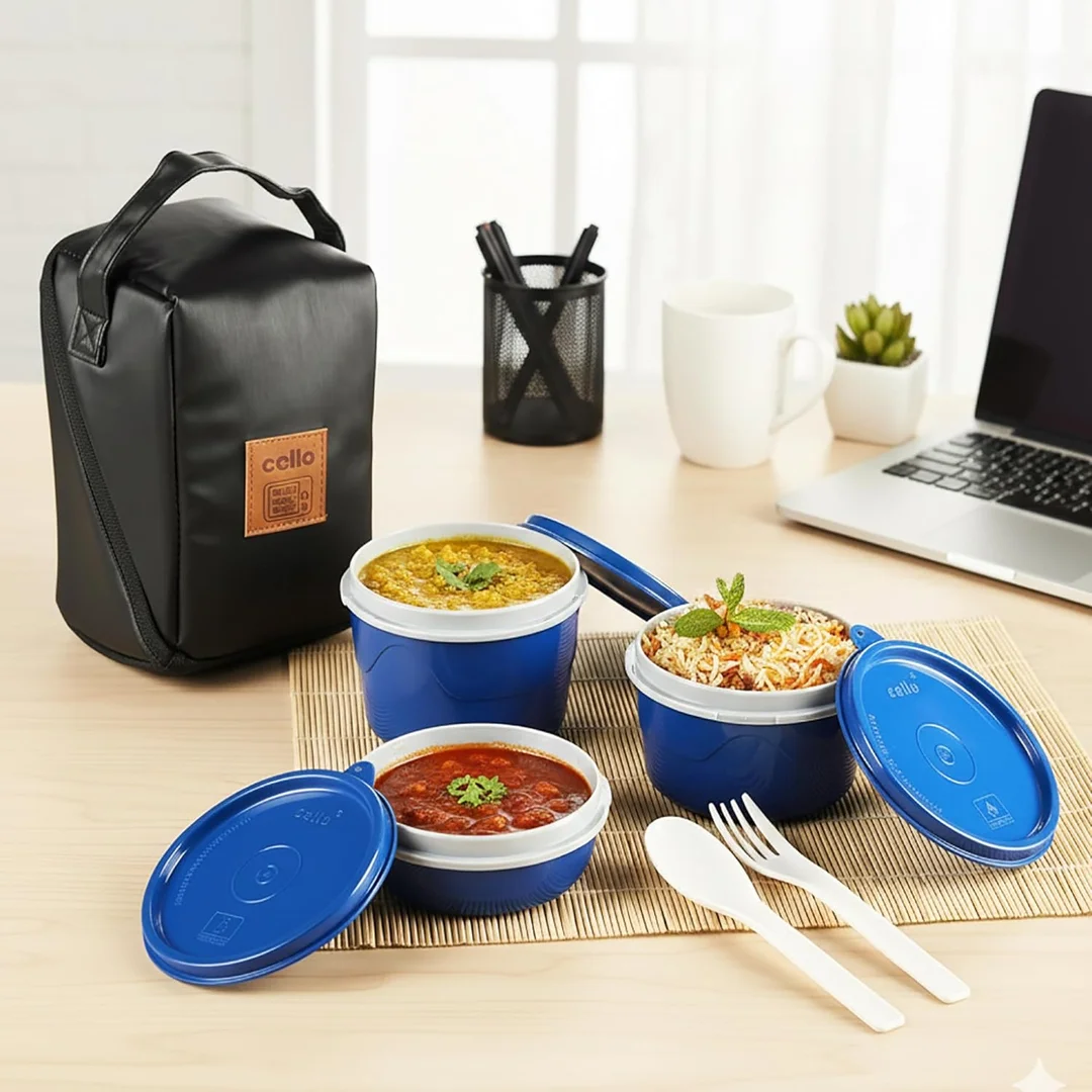 Cello MF Micro 3-Piece Insulated Lunch Box with Stainless Steel Inner and Leather Carry Pouch | Office & School Food Container | Hot & Cold Meal Storage India | Red image 2
