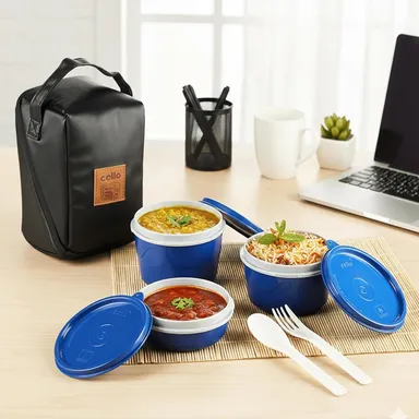 Cello MF Micro 3-Piece Insulated Lunch Box with Stainless Steel Inner and Leather Carry Pouch | Office & School Food Container | Hot & Cold Meal Storage India | Red thumbnail 1