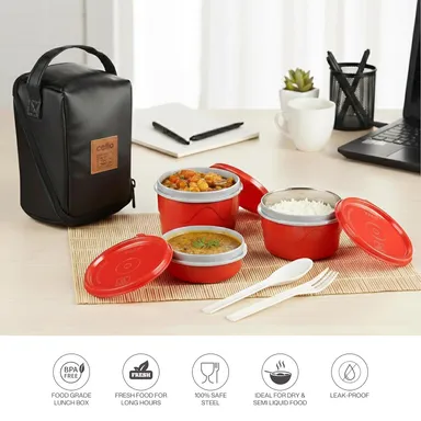Cello MF Micro 3-Piece Insulated Lunch Box with Stainless Steel Inner and Leather Carry Pouch | Office & School Food Container | Hot & Cold Meal Storage India | Red thumbnail 2