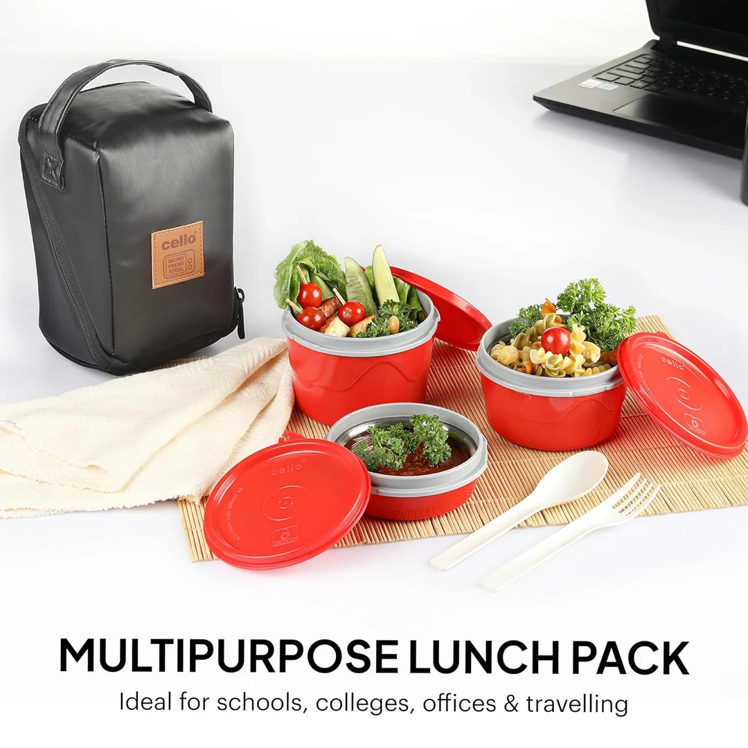 Cello MF Micro 3-Piece Insulated Lunch Box with Stainless Steel Inner and Leather Carry Pouch | Office & School Food Container | Hot & Cold Meal Storage India | Red image 5