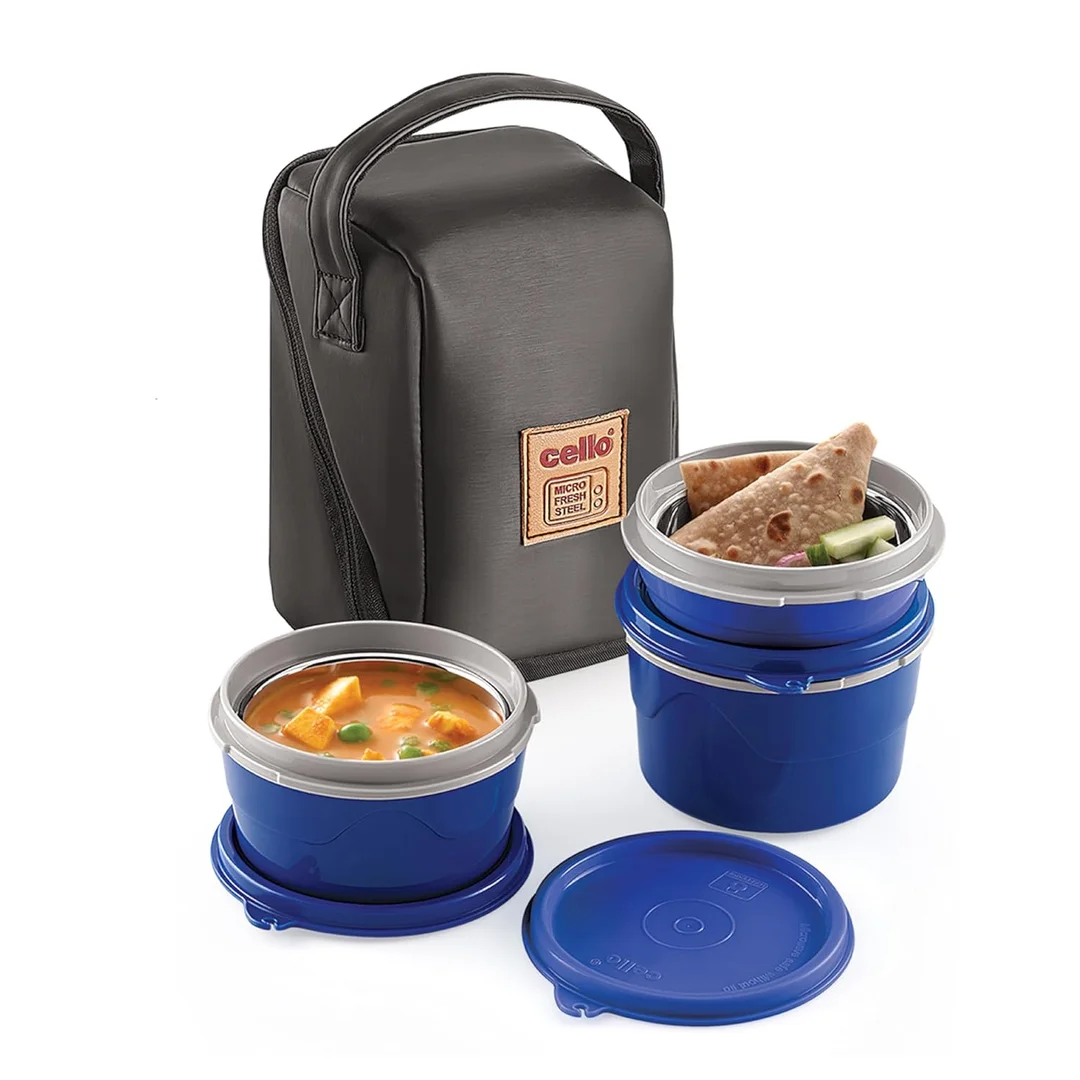 Cello MF Micro 3-Piece Insulated Lunch Box with Stainless Steel Inner and Leather Carry Pouch | Office & School Food Container | Hot & Cold Meal Storage India | Red image 1