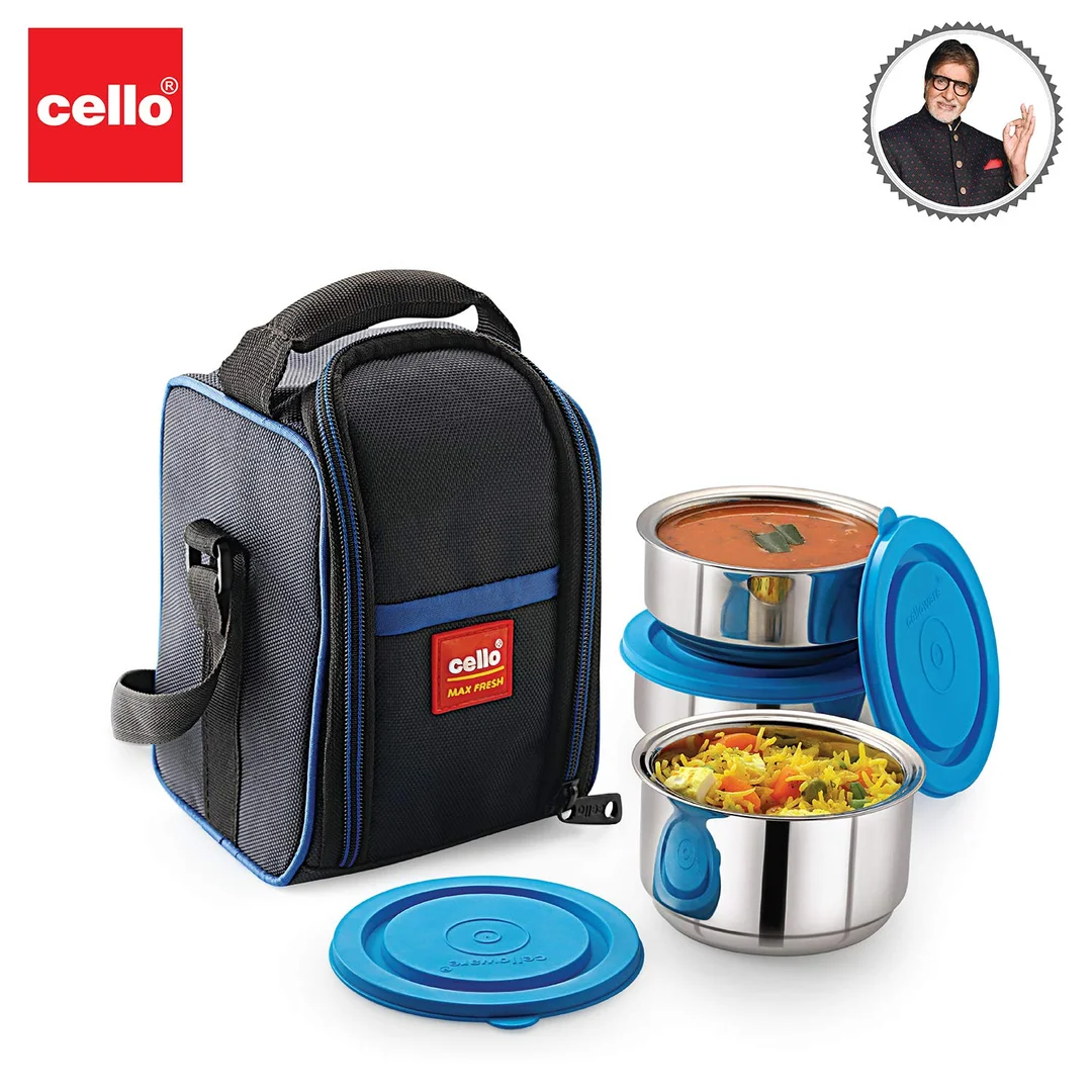 Cello Maxfresh Thermi 3-Piece Stainless Steel Lunch Pack with 275ml ,350ml Containers | Insulated Food Storage for Office & School | Blue | Hot & Cold Meal Retention India image 2