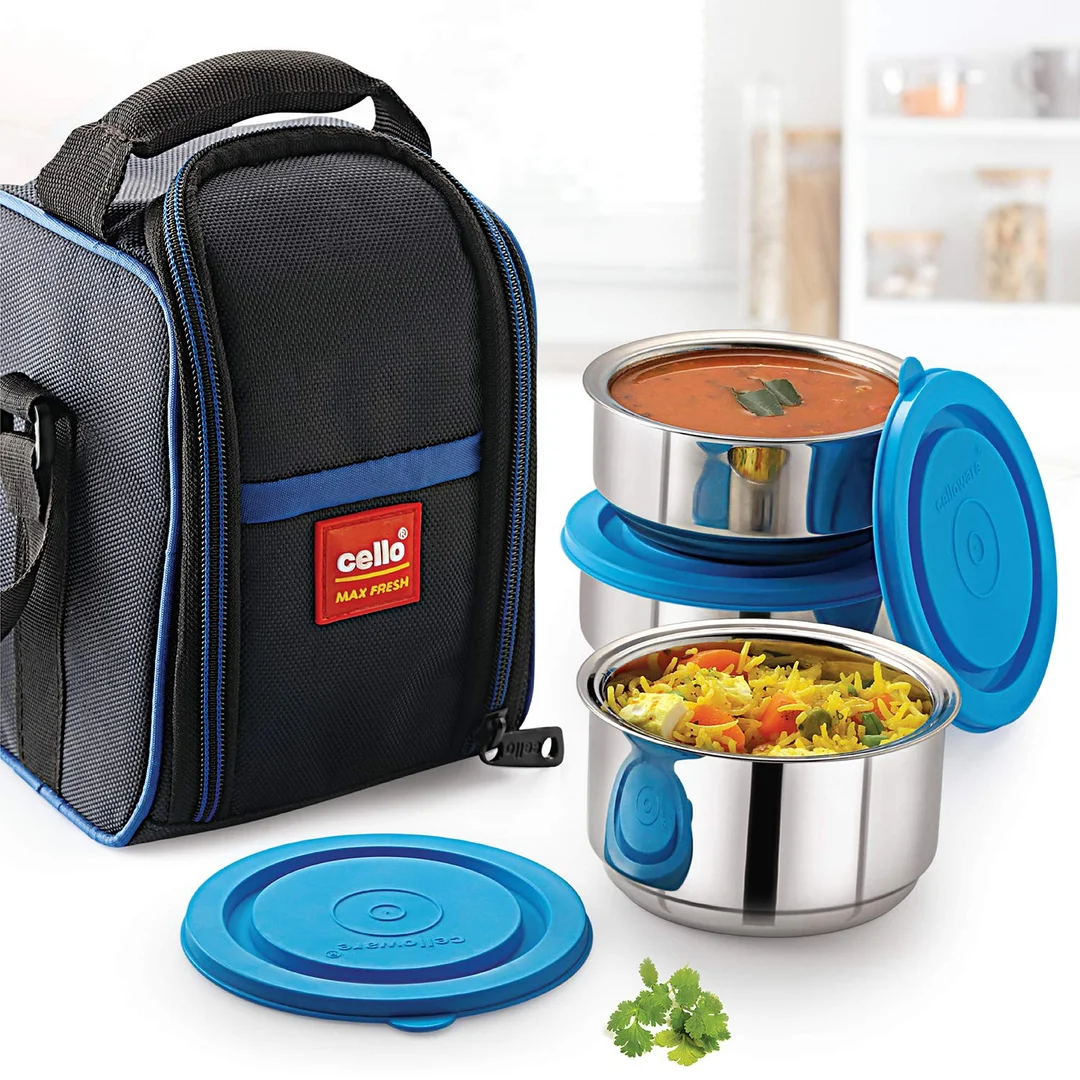 Cello Maxfresh Thermi 3-Piece Stainless Steel Lunch Pack with 275ml ,350ml Containers | Insulated Food Storage for Office & School | Blue | Hot & Cold Meal Retention India image 4