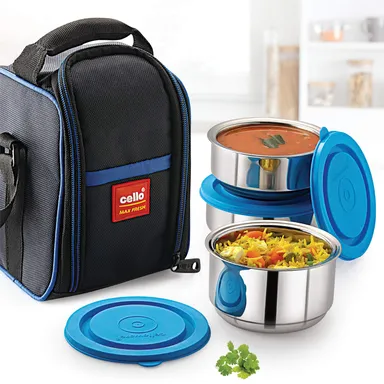 Cello Maxfresh Thermi 3-Piece Stainless Steel Lunch Pack with 275ml ,350ml Containers | Insulated Food Storage for Office & School | Blue | Hot & Cold Meal Retention India thumbnail 3