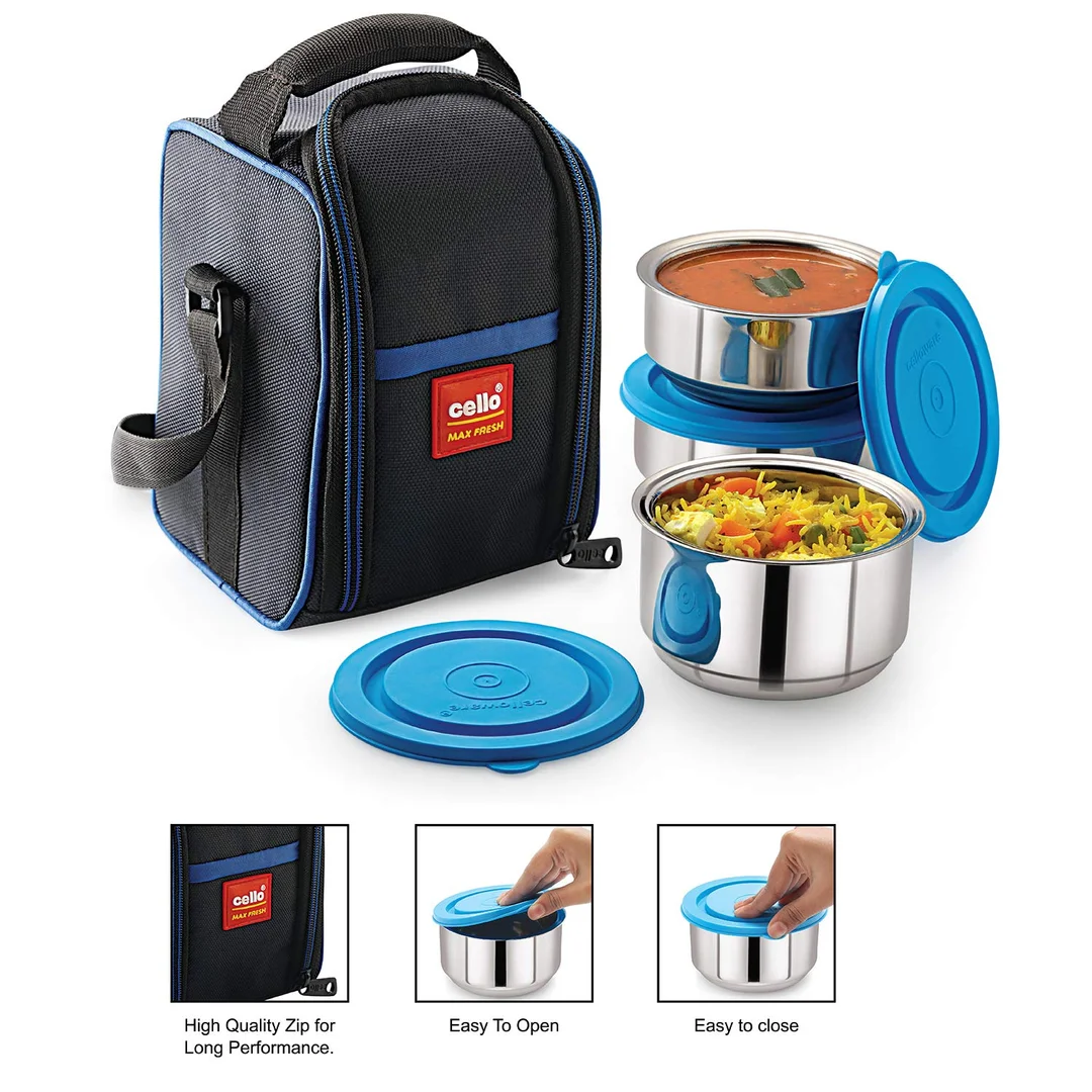 Cello Maxfresh Thermi 3-Piece Stainless Steel Lunch Pack with 275ml ,350ml Containers | Insulated Food Storage for Office & School | Blue | Hot & Cold Meal Retention India image 5