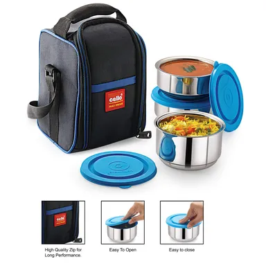 Cello Maxfresh Thermi 3-Piece Stainless Steel Lunch Pack with 275ml ,350ml Containers | Insulated Food Storage for Office & School | Blue | Hot & Cold Meal Retention India thumbnail 4