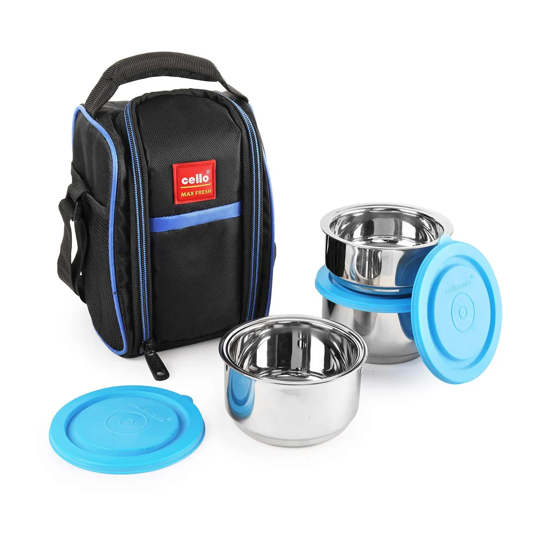 Cello Maxfresh Thermi 3-Piece Stainless Steel Lunch Pack with 275ml ,350ml Containers | Insulated Food Storage for Office & School | Blue | Hot & Cold Meal Retention India image 1