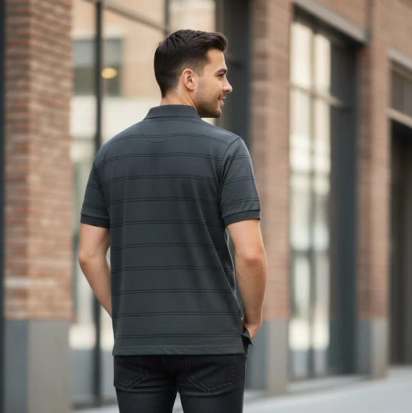 MEN COTTON BLEND COLLAR STRIPED TSHIRT WITH POCKET HALF SLEEVE image 2