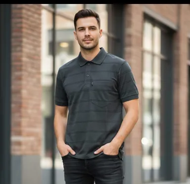 MEN COTTON BLEND COLLAR STRIPED TSHIRT WITH POCKET HALF SLEEVE   thumbnail 0