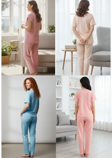 Women Summer Wear Night Suits Pack of 2 – Soft Cotton Round Neck Half Sleeves Top with Bottom Set thumbnail 2