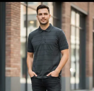 MEN COTTON BLEND COLLAR SRTIPED TSHIRT WITH POCKET HALF SLEEVE thumbnail 0
