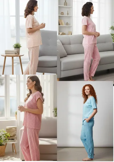 Women Summer Wear Night Suits Pack of 2 – Soft Cotton Round Neck Half Sleeves Top with Bottom Set thumbnail 1