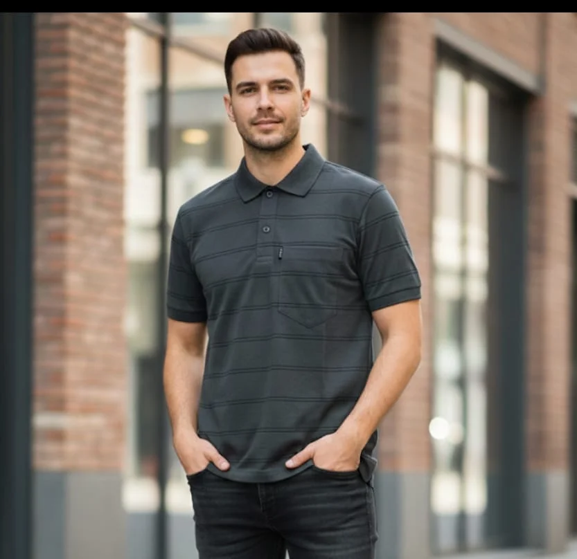 Men Striped Cotton Blend Polo Collar T‑Shirt with Chest Pocket Half Sleeve Casual Tee Breathable Stylish Summer Wear for Men Premium Comfort Fits All Sizes image 1