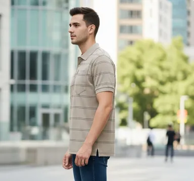 MEN COTTON BLEND COLLAR SRTIPED TSHIRT WITH POCKET HALF SLEEVE thumbnail 2