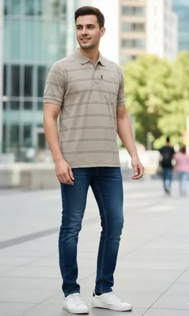 MEN COTTON BLEND COLLAR SRTIPED TSHIRT WITH POCKET HALF SLEEVE thumbnail 3