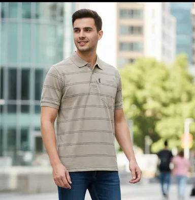 MEN COTTON BLEND COLLAR SRTIPED TSHIRT WITH POCKET HALF SLEEVE thumbnail 0