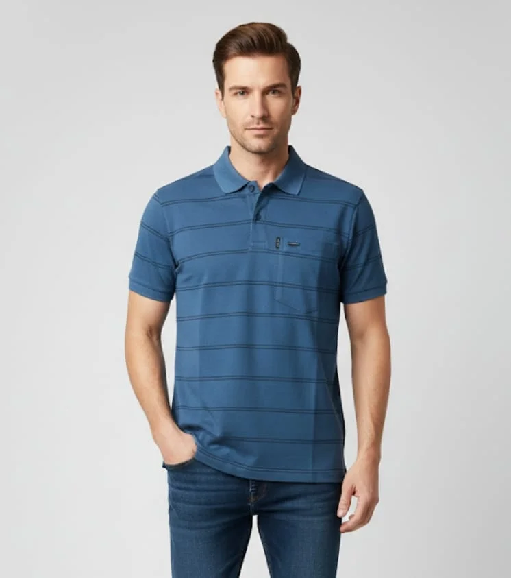 MEN COTTON BLAND POLO NECK STRIPED TSHIRT WITH POCKET AND HALF SELLEVS DISCRIPTION image 1