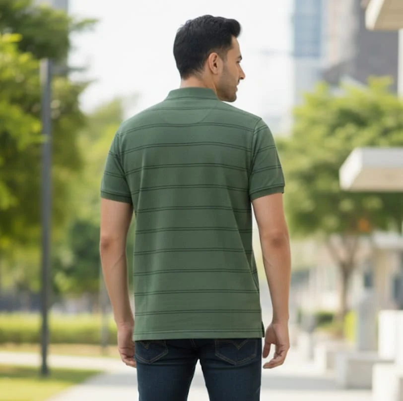 MEN COTTON BLEND COLLAR SRTIPED TSHIRT WITH POCKET HALF SLEEVE image 3