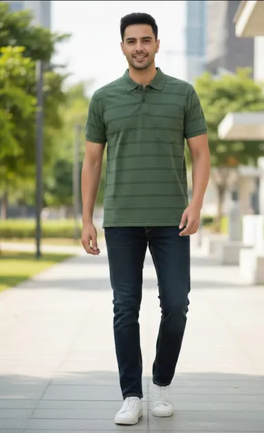 MEN COTTON BLEND COLLAR SRTIPED TSHIRT WITH POCKET HALF SLEEVE thumbnail 3