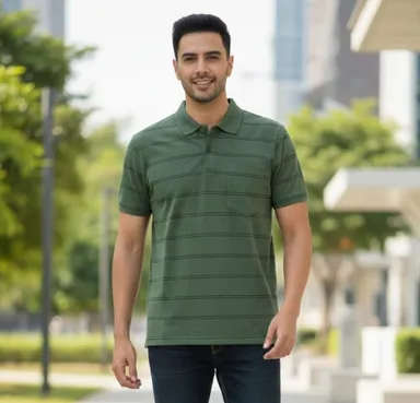 MEN COTTON BLEND COLLAR SRTIPED TSHIRT WITH POCKET HALF SLEEVE thumbnail 0