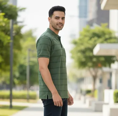 MEN COTTON BLEND COLLAR SRTIPED TSHIRT WITH POCKET HALF SLEEVE thumbnail 1