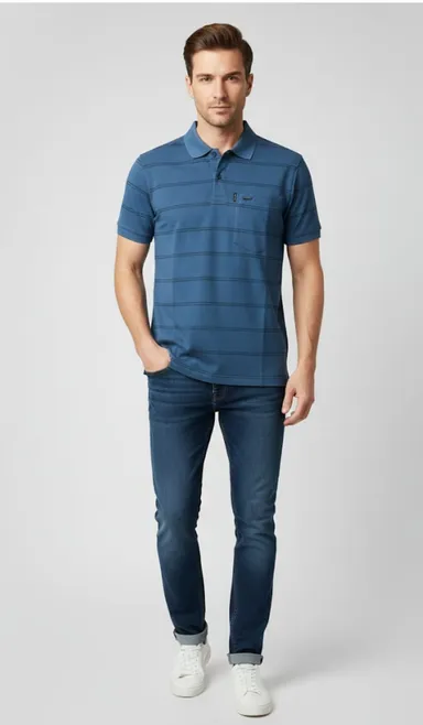 MEN COTTON BLAND POLO NECK STRIPED TSHIRT WITH POCKET AND HALF SELLEVS thumbnail 3
