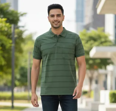 MEN COTTON BLEND COLLAR SRTIPED TSHIRT WITH POCKET HALF SLEEVE thumbnail 0