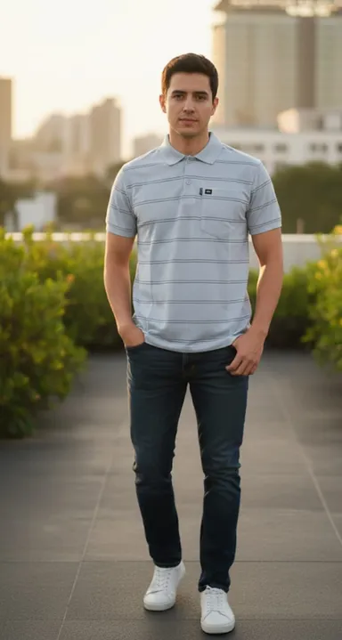  MEN COTTON BLAND POLO NECK STRIPED TSHIRT WITH POCKET AND HALF SELLEVS thumbnail 3