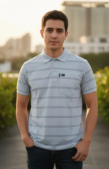  MEN COTTON BLAND POLO NECK STRIPED TSHIRT WITH POCKET AND HALF SELLEVS thumbnail 0