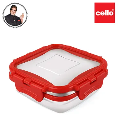 Cello Click It Square Stainless Steel Lunch Box Set of 2 300ml Capacity Each  Leakproof & Durable Ideal for Office|School Travel – Red thumbnail 1