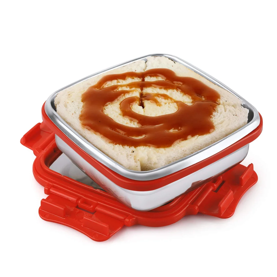 Cello Click It Square Stainless Steel Lunch Box Set of 2 300ml Capacity Each Leakproof & Durable Ideal for Office|School Travel – Red image 5