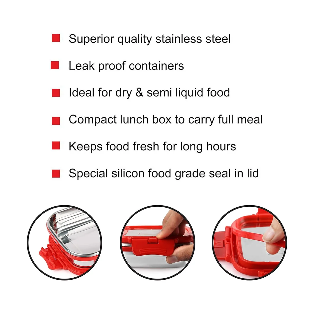 Cello Click It Square Stainless Steel Lunch Box Set of 2 300ml Capacity Each Leakproof & Durable Ideal for Office|School Travel – Red image 6