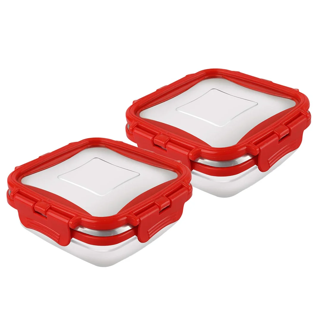 Cello Click It Square Stainless Steel Lunch Box Set of 2 300ml Capacity Each Leakproof & Durable Ideal for Office|School Travel – Red image 1