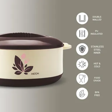 Milton Orchid 2500 Stainless Steel Inner Serving Casserole with Lid, PU Insulated Hot Pot 2.36L Dark Brown |Keeps Food Hot & Fresh for Roti Biryani Indian Kitchen Use  thumbnail 2