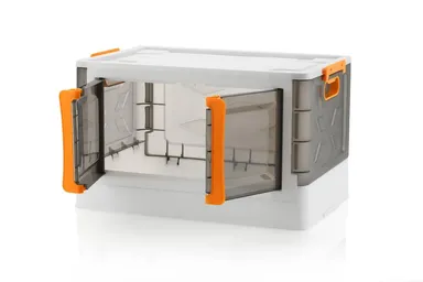 Multipurpose Plastic Storage Box with Transparent Front Door, Stackable Clothes & Home Organizer Container with Side Handles for Bedroom, Wardrobe, Kitchen & Living Room |White Grey with Orange Handle thumbnail 1