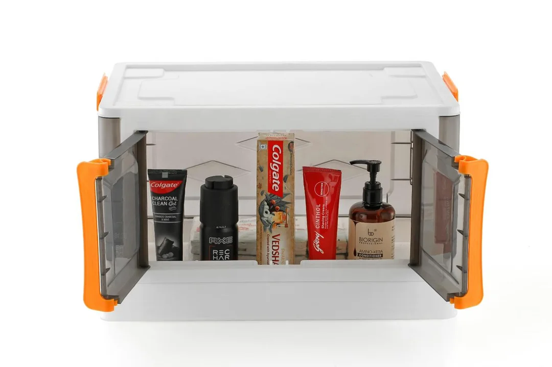 Multipurpose Plastic Storage Box with Transparent Front Door, Stackable Clothes & Home Organizer Container with Side Handles for Bedroom, Wardrobe, Kitchen & Living Room |White Grey with Orange Handle image 4