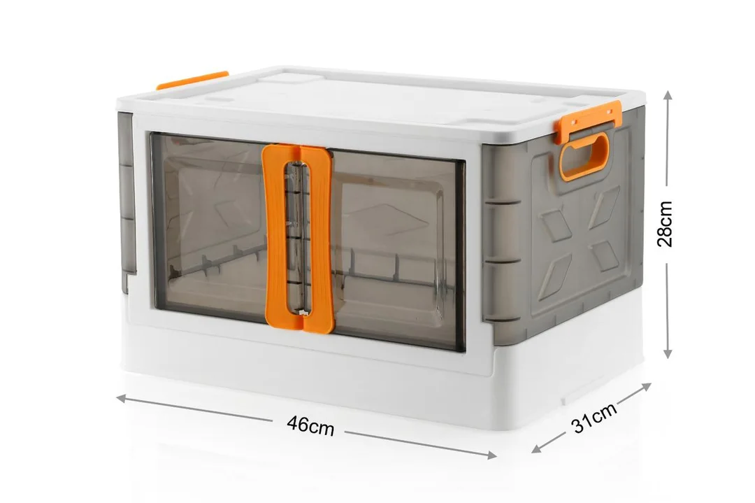 Multipurpose Plastic Storage Box with Transparent Front Door, Stackable Clothes & Home Organizer Container with Side Handles for Bedroom, Wardrobe, Kitchen & Living Room |White Grey with Orange Handle image 1