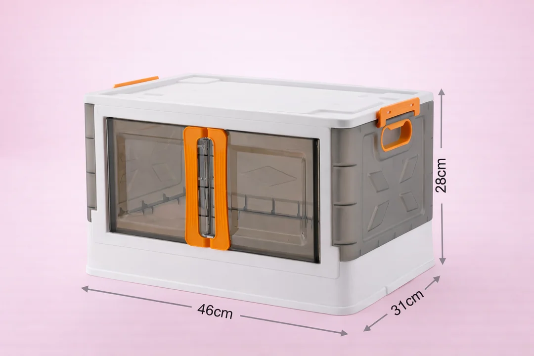 Storage Organizer Box with Front Opening Transparent Doors for Wardrobe, Toys, Kitchen Items & Household Essentials, Stackable Clothes Storage Container| White & Grey Design image 1