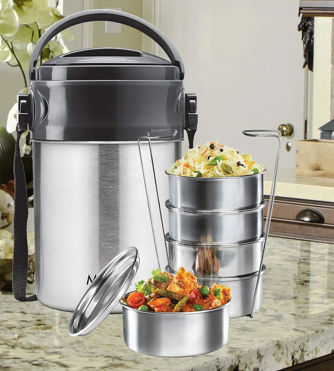 Milton Steel On 5 Tier Insulated Stainless Steel Tiffin Box 1.5 L 5x300ml Leak Proof Double Wall Lunch Carrier for Office School Travel Silver lunch box 2 L image 2