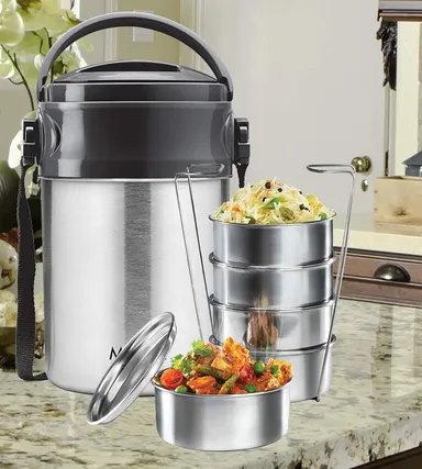 Milton Steel On 5 Tier Insulated Stainless Steel Tiffin Box 1.5 L 5x300ml Leak Proof Double Wall Lunch Carrier for Office School Travel Silver lunch box 2 L thumbnail 1