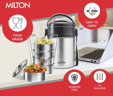 Milton Steel On 5 Tier Insulated Stainless Steel Tiffin Box 1.5 L 5x300ml Leak Proof Double Wall Lunch Carrier for Office School Travel Silver lunch box 2 L thumbnail 3