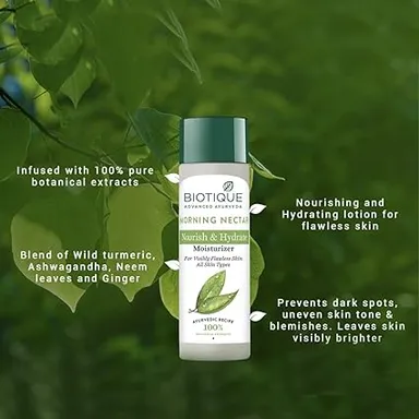 Biotique Morning Nectar Flawless Skin Lotion 190ml for All Skin Types | Ayurvedic Botanical Moisturizer for Deep Hydration  Skin Nourishment & Natural Glow | Lightweight Non-Greasy Daily Use Lotion for Men |Women thumbnail 3
