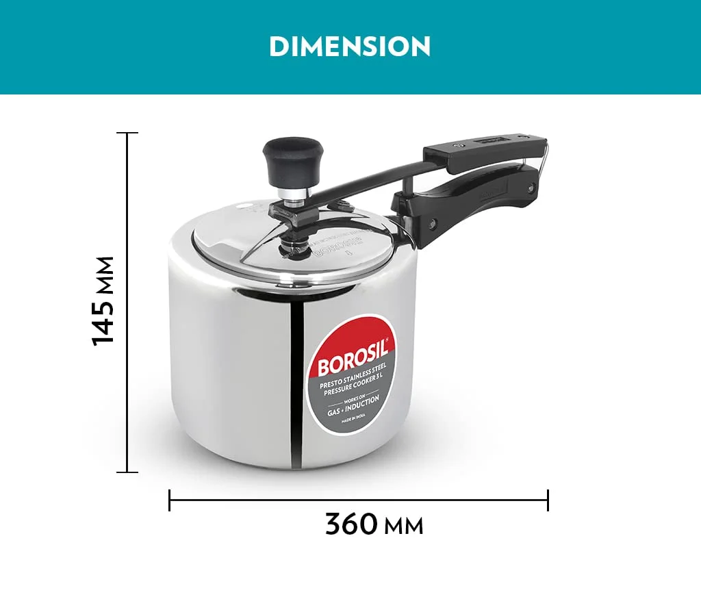 Borosil Presto Stainless Steel Inner Lid Pressure Cooker 3 L Induction |Gas Compatible Durable Food|Grade SS304 Quick Cooking Safety Valve Stay Cool Handles Easy Clean Pressure Pot image 4