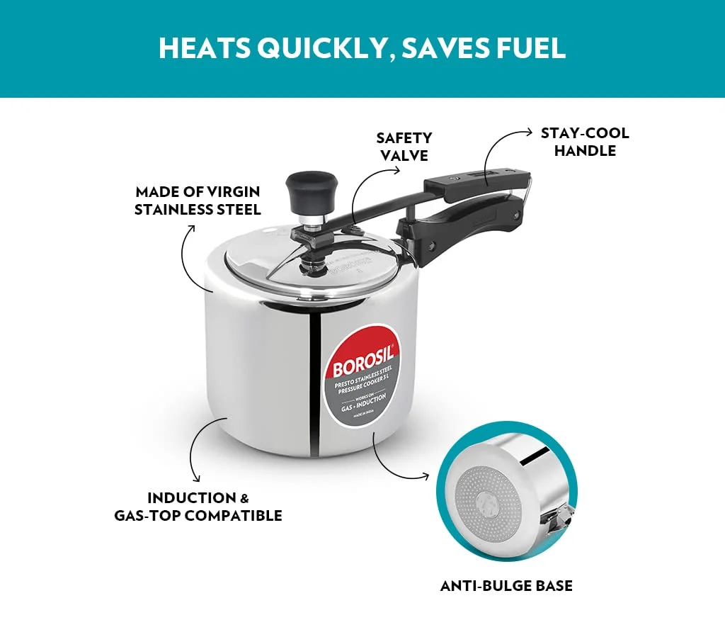 Borosil Presto Stainless Steel Inner Lid Pressure Cooker 3 L Induction |Gas Compatible Durable Food|Grade SS304 Quick Cooking Safety Valve Stay Cool Handles Easy Clean Pressure Pot image 5