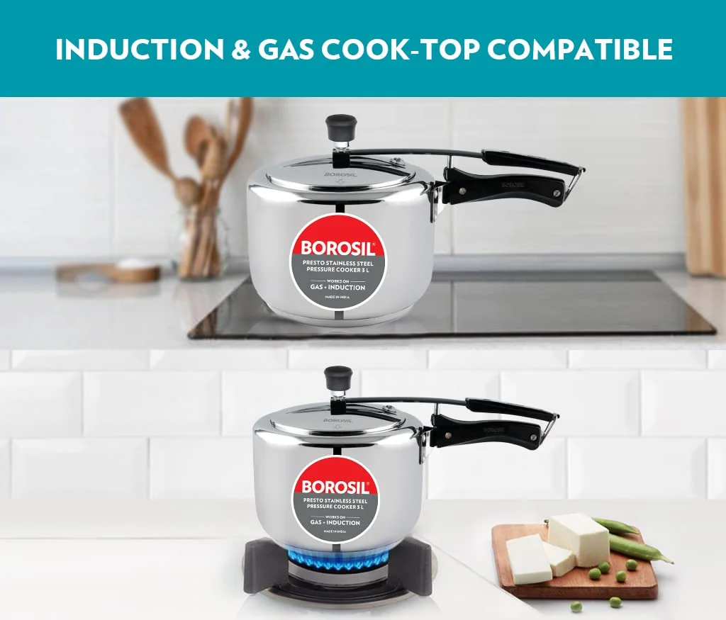 Borosil Presto Stainless Steel Inner Lid Pressure Cooker 3 L Induction |Gas Compatible Durable Food|Grade SS304 Quick Cooking Safety Valve Stay Cool Handles Easy Clean Pressure Pot image 6