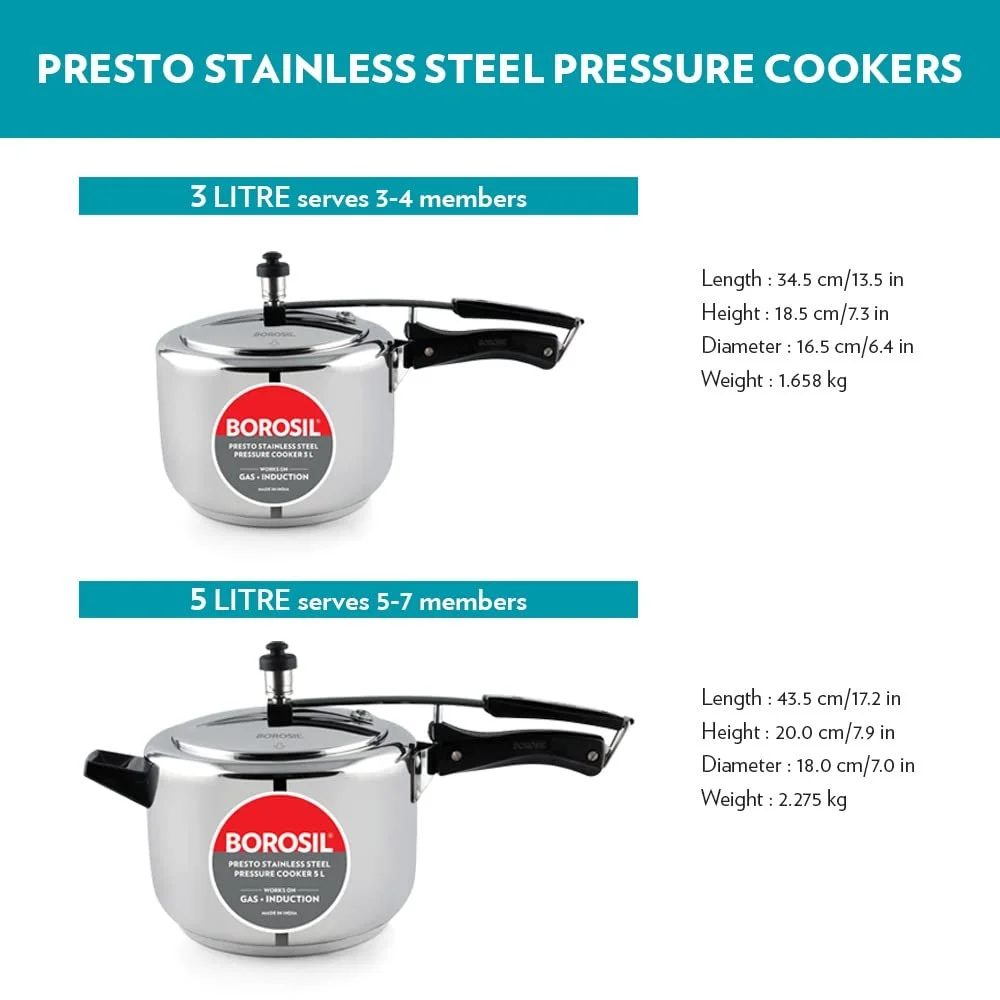 Borosil Presto Stainless Steel Inner Lid Pressure Cooker 3 L Induction |Gas Compatible Durable Food|Grade SS304 Quick Cooking Safety Valve Stay Cool Handles Easy Clean Pressure Pot image 2