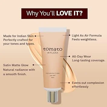 FLiCKA Tomato Liquid Foundation for Face Makeup – 30ml, 03 Caramel, Light to Medium Buildable Coverage, Moisturizing Lightweight, Long-Lasting Suitable for All Skin Types – Radiant Natural Finish image 4